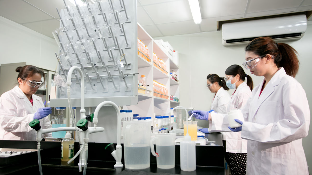 The R&D Department team working in the labs at the cosmetics factory