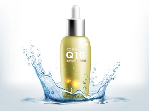 Q10 product bottle image with water splash